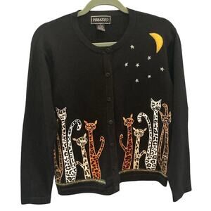 Vintage Terazzo Women Embroidered Sweater Cardigan Halloween Cat Lady Moon Witch